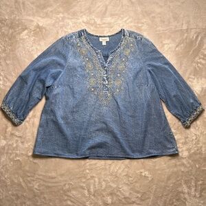 Dressbarn Top Womens 2X Blue Denim Embroidered V-Neck 3/4 Sleeve Boho Peasant